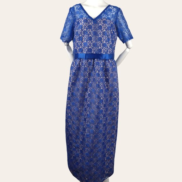 Vintage 1960s Sapphire Lace Cocktail Dress MOD MCM Hostess Dress Jewel Blue Maxi - Picture 1 of 11
